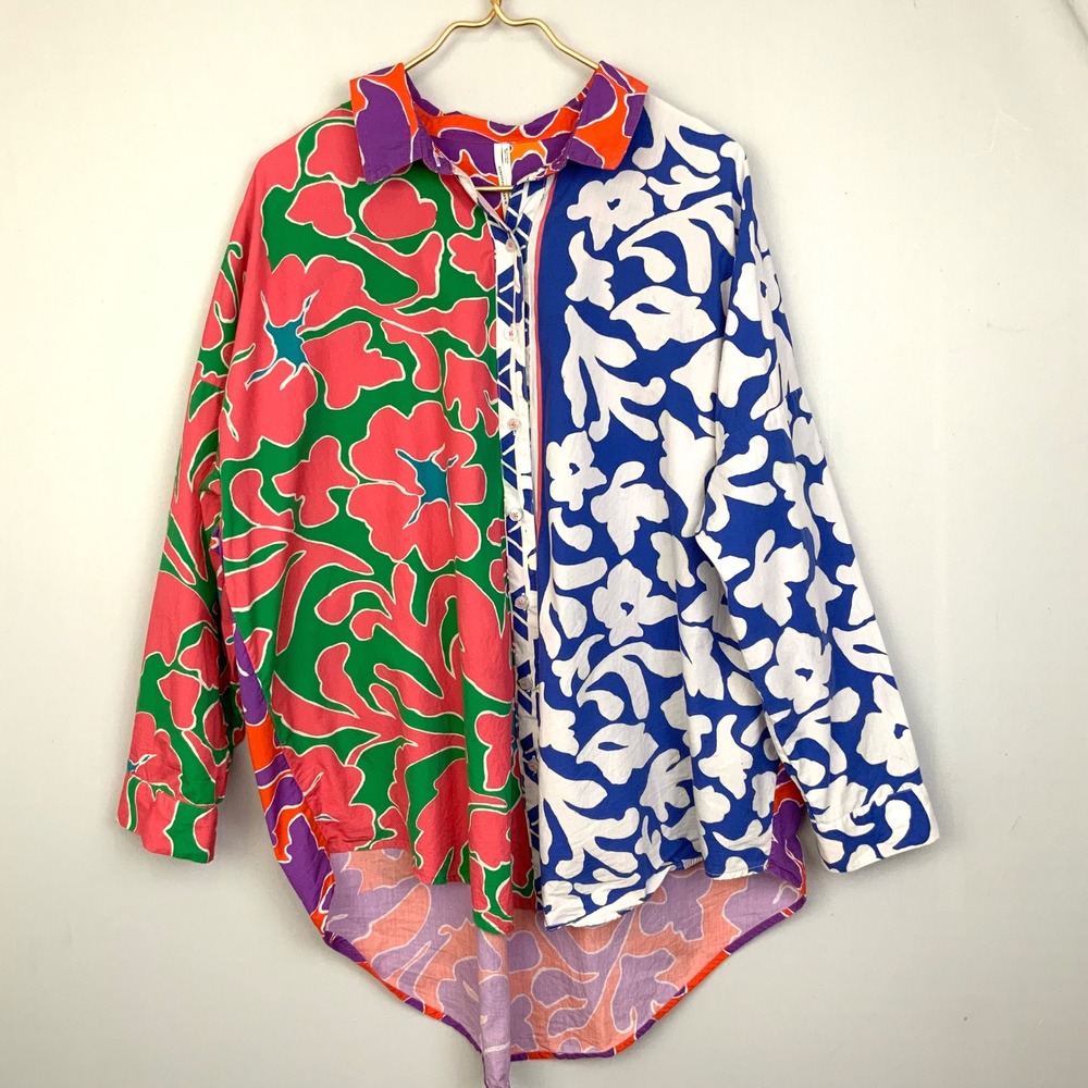 Anthropologie Large Multicolor Floral Colorblock Cotton Poplin Button Down Shirt